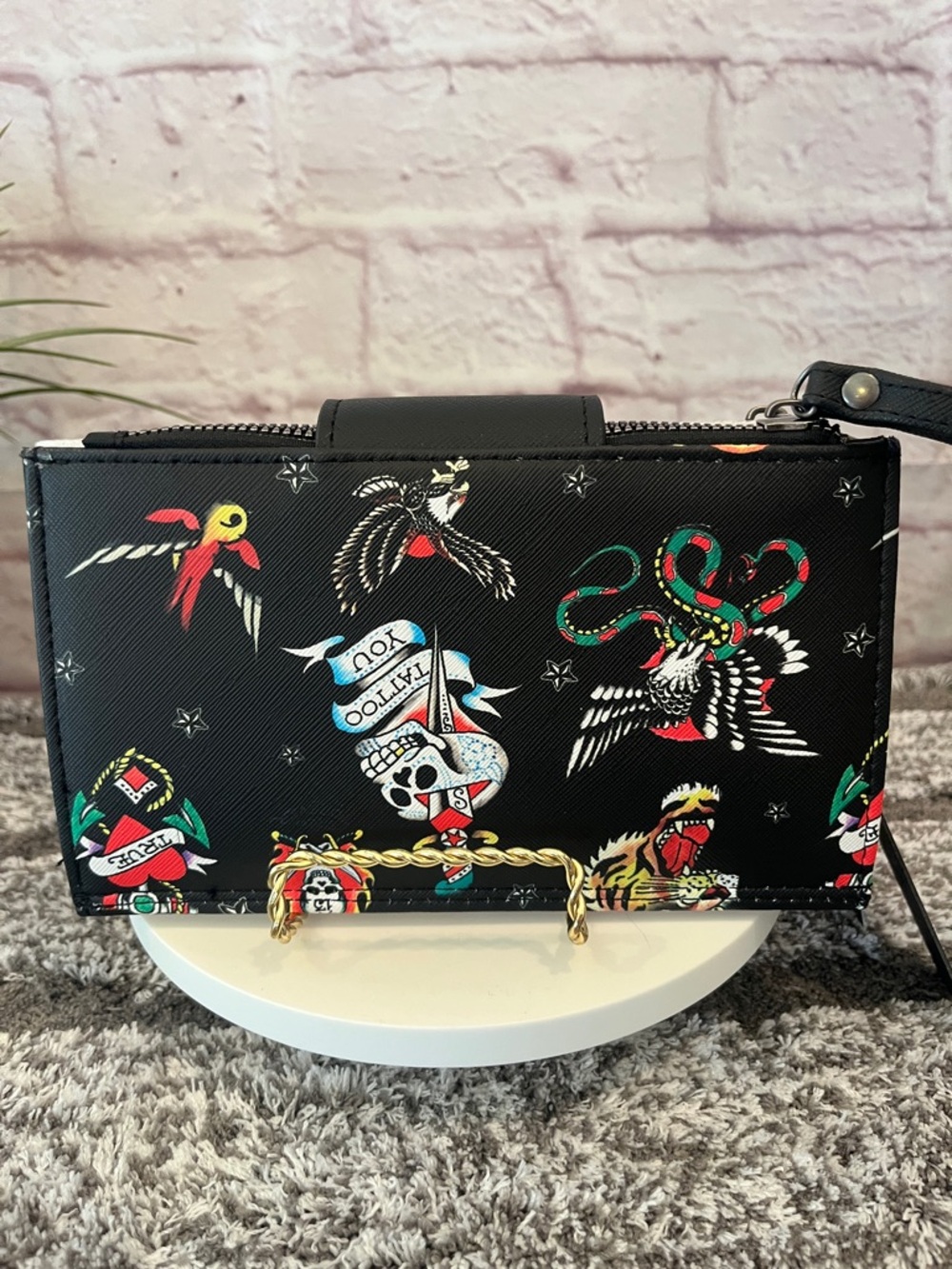 Ed Hardy Black Wristlet with Red, Yellow and Cream Tattoo Motifs - Picture 2 of 8